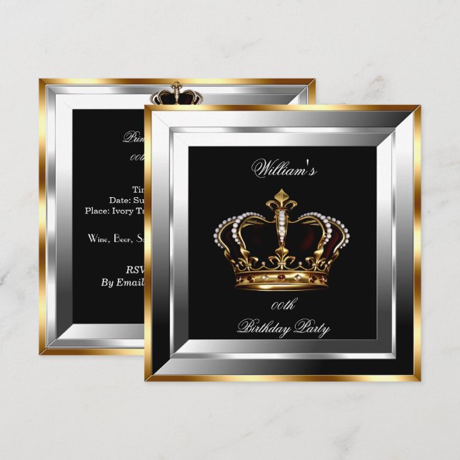 Men's Black Silver Gold Birthday Prince King Invitation (Front/Back)