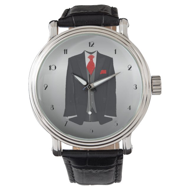 Men's Black Suit and Red Tie Wrist Watch (Front)