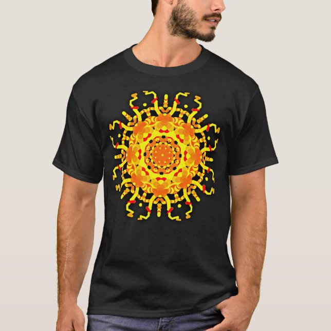 *~* Men's Black T-Shirt Aztec Style Mandala Yellow (Front)