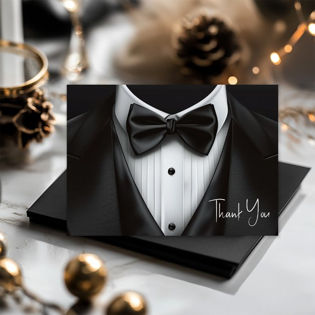 Mens Black White Tuxedo Birthday Party Thank You Card (Mens tuxedo thank you cards. Add your printed message or leave blank for hand written message.)