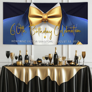 Mens Blue Gold Tuxedo Birthday Party Banner