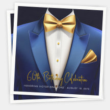 Mens Blue Gold Tuxedo Birthday Party