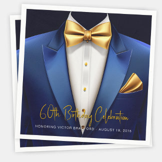 Mens Blue Gold Tuxedo Birthday Party Napkin