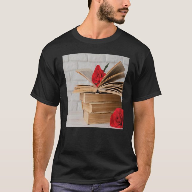 Mens book collection read books red rose flower fl T-Shirt (Front)