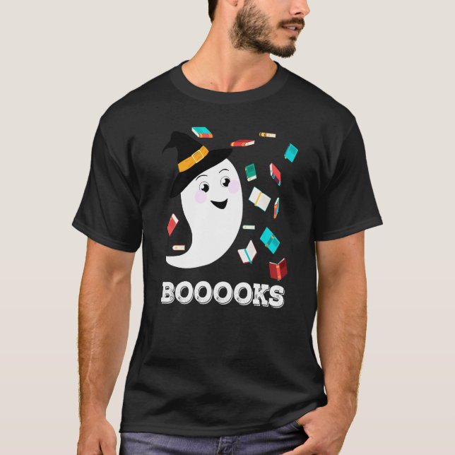 Mens Booooks Librarian Halloween Cute Ghost Flying T-Shirt (Front)