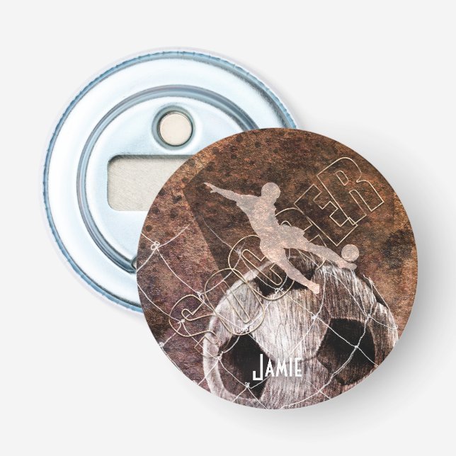 mens boys soccer player kicking ball bottle opener (Front)