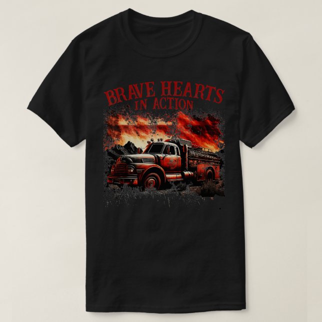 Mens Brave Hearts In Action Fire Truck American Fl T-Shirt (Design Front)