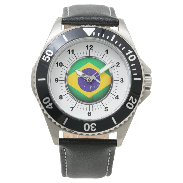 Men's Brazil Flag Black Leather Strap Watch (Front)