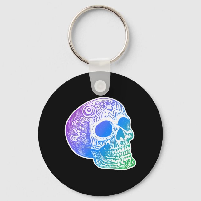Mens Calaca Gradient Sugar Skull Design Key Ring (Front)