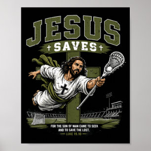 Mens Camo Christian Lacrosse Jesus Saves Religious Poster