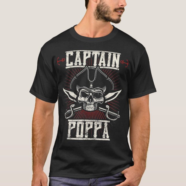 Mens Captain Poppa Pirate Skull Funny Grandpa Gran T-Shirt (Front)