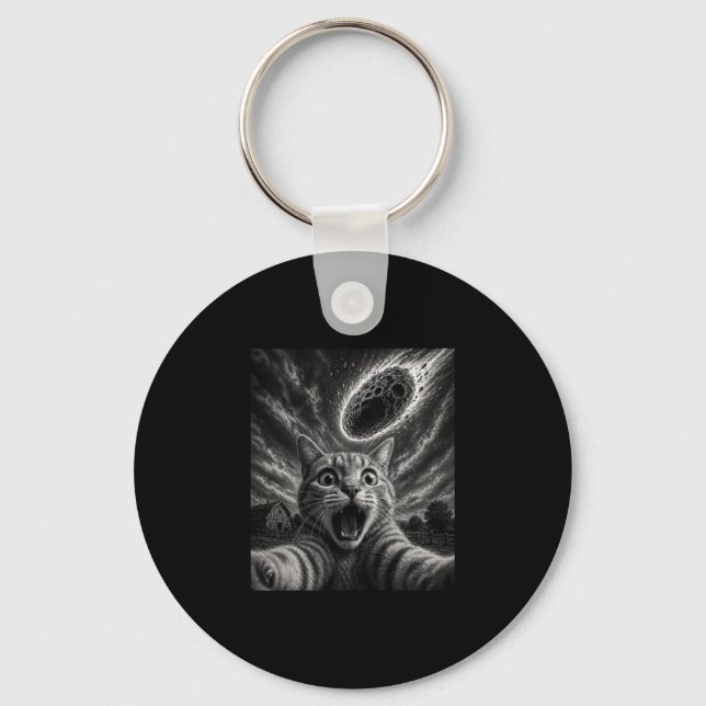 Mens cat selfie meteor graphic funny asteroid pet key ring (Front)