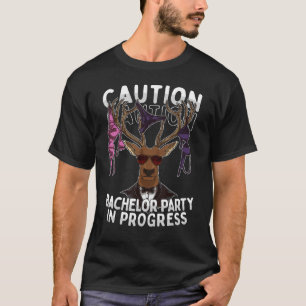 Mens CAUTION Bachelor Party In Progress Stag Antle T-Shirt