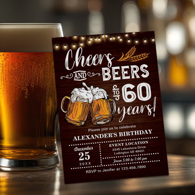Mens Cheers & Beers Funny 60th Birthday Invitation (Creator Uploaded)