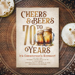 Mens Cheers & Beers Funny 70th Birthday Invitation<br><div class="desc">Celebrate the big 7-0 with style and humour with this vintage beer birthday design. The golden typography is elegant and evokes a cool glass of beer, giving it a classic retro vintage feel. Perfect for man (or woman!) in your life who loves their lagers, ales, and other beers. Perfect for...</div>
