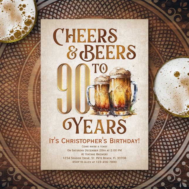 Mens Cheers & Beers Funny 90th Birthday Invitation (Creator Uploaded)