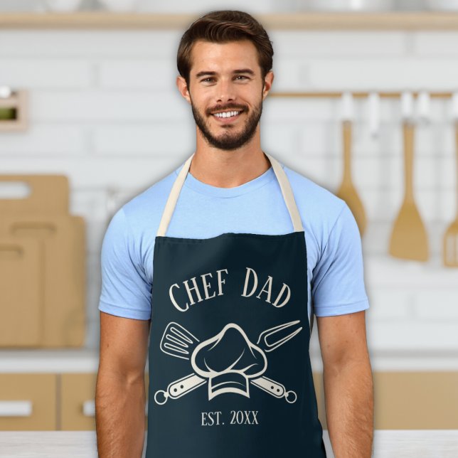 Men's Chef Custom Name Cooking BBQ Apron ("chef dad" customizable men's apron BBQ chef hat with custom date navy blue and cream gift for men)