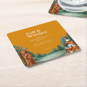Men's Chic Golf and Whiskey Themed 50th Birthday Square Paper Coaster
