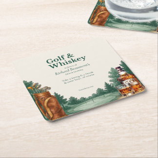 Men's Chic Golf and Whiskey Themed 50th Birthday Square Paper Coaster