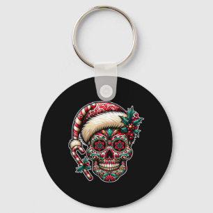 Mens Christmas Sugar Skull Santa Hat Day Of The Key Ring
