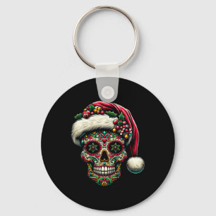 Mens Christmas Sugar Skull Santa Hat Day Of The Key Ring