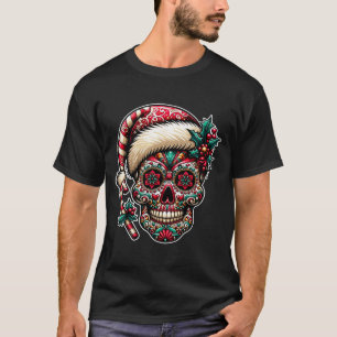 Mens Christmas Sugar Skull Santa Hat Day Of The T-Shirt