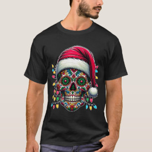 Mens Christmas Sugar Skull Santa Hat Lights Day Of T-Shirt