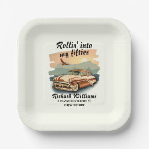 Men's classic car desert sunset 50th Birthday Paper Plate