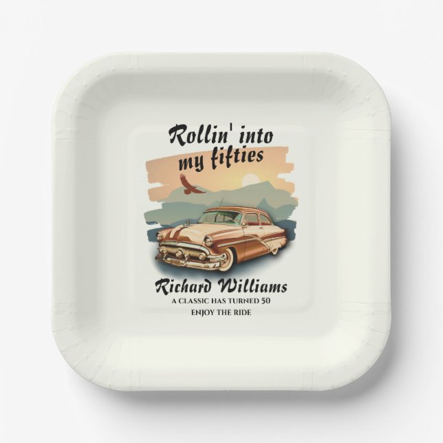 Men's classic car desert sunset 50th Birthday Paper Plate (Front)