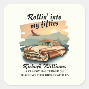 Men's classic car desert sunset 50th Birthday Square Sticker