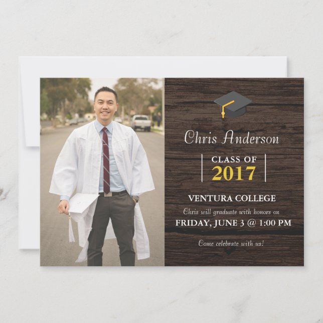 Mens College Graduation Wood invitation (Front)