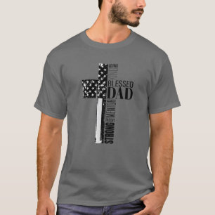 Mens Cool Christian Blessed Dad Cross American Fla T-Shirt