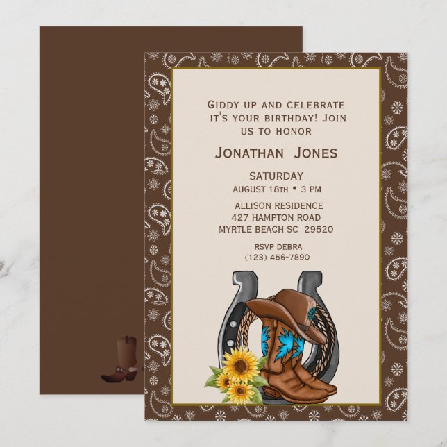 Mens Cowboy Boots Horseshoe Birthday Invitation (Front/Back)