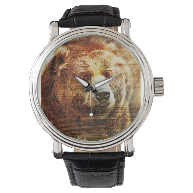 Men's Custom Watch with Grizzly Bear Illustration (Front)