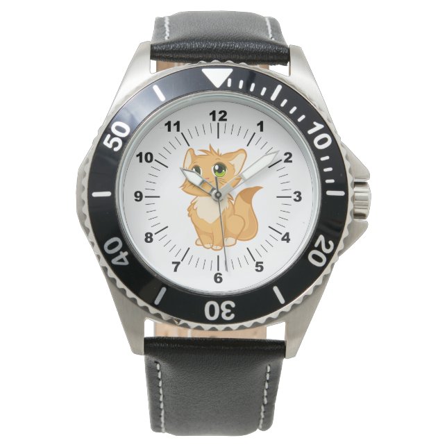 Men's Cute Cat Black Leather Strap Watch (Front)