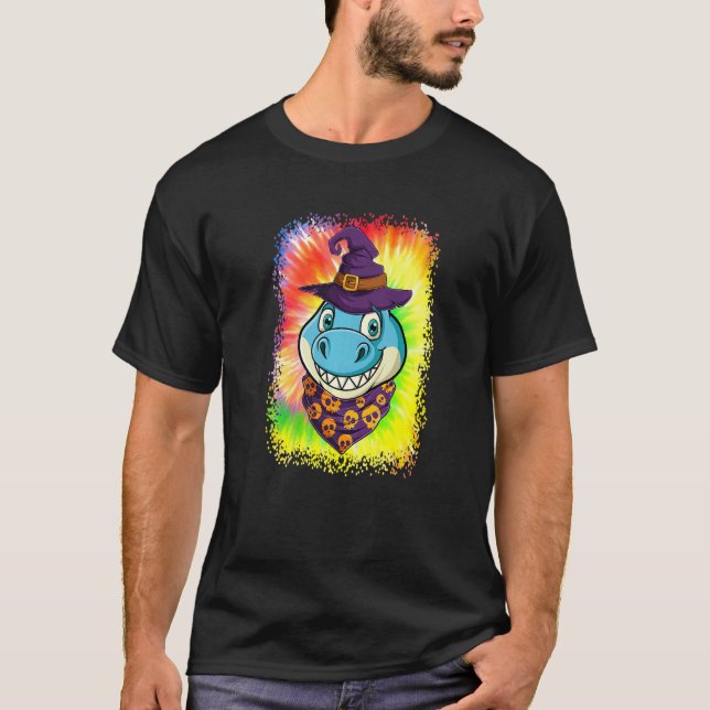 Mens  cute Dinosaur wear skull and witch hat hallo T-Shirt (Front)