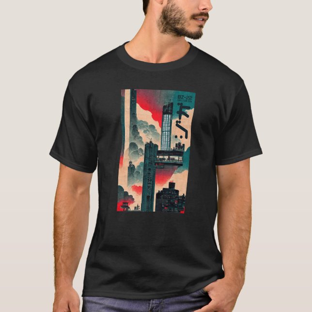 Mens Cyberpunk Sci-fi Dystopia City Ukiyo-e Japane T-Shirt (Front)