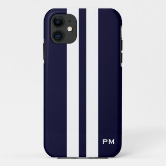 Men's Dark Blue White Racing Stripes Initials iPhone 11 Case
