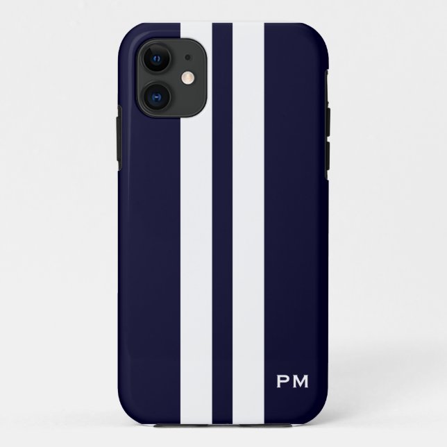 Men's Dark Blue White Racing Stripes Initials Case-Mate iPhone Case (Back)