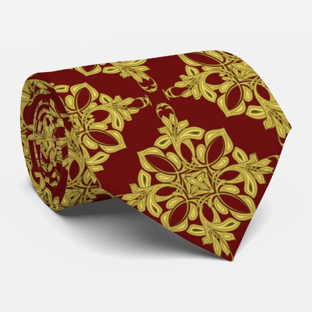 Men's Dark Red and Faux Gold Pattern Tie (Rolled)