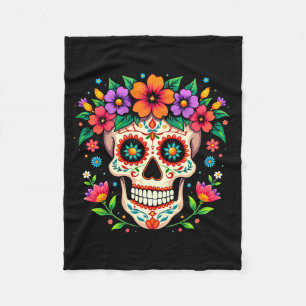 Mens Día De Los Muertos Sugar Skull With Flowers Fleece Blanket