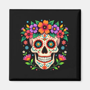 Mens Día De Los Muertos Sugar Skull With Flowers Magnet
