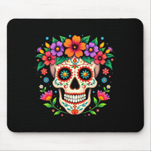 Mens Día De Los Muertos Sugar Skull With Flowers Mouse Mat