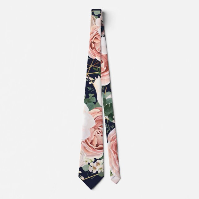 Mens Dress Tie Geometric Garden Rose Navy Blue (Front)