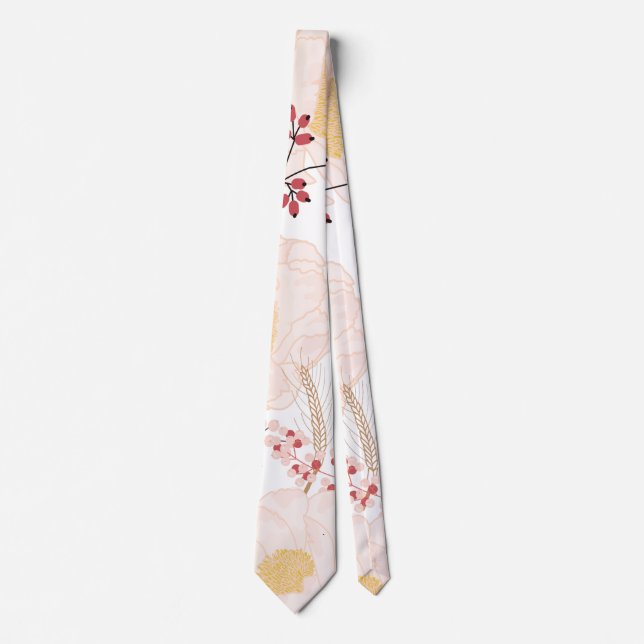 Mens Dress Tie White Floral Flowers on White (Front)