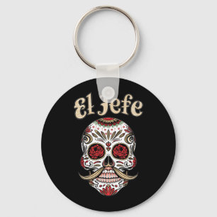 Mens El Jefe Sugar Skull Dia De Los Muertos Skull Key Ring