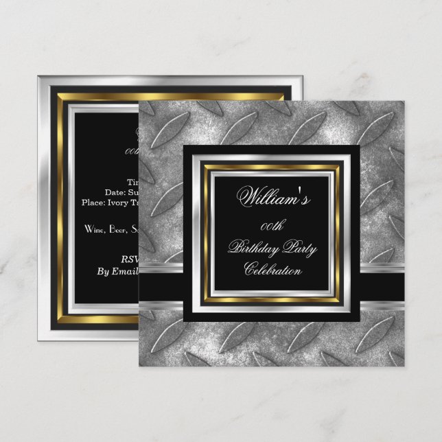 Men's Elegant Black Gold Silver Birthday Metal Invitation (Front/Back)