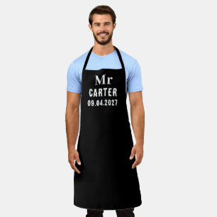 Men's Elegant Black Name Modern Groom Wedding Apron
