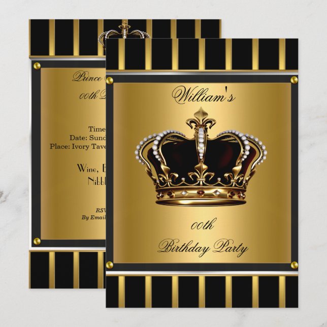 Men's Elegant Gold Black Stripe Birthday Crown 2 Invitation (Front/Back)