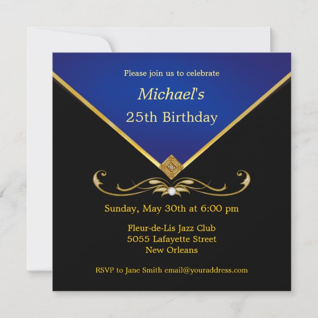 Men's Elegant Gold Blue Birthday Party Invitations (Front)